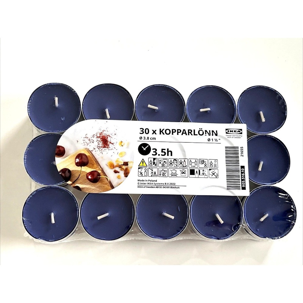 Pack of 30 IKEA Kopparlonn Candle Scented tealight, almond & cherry/blue, 3.5 hr